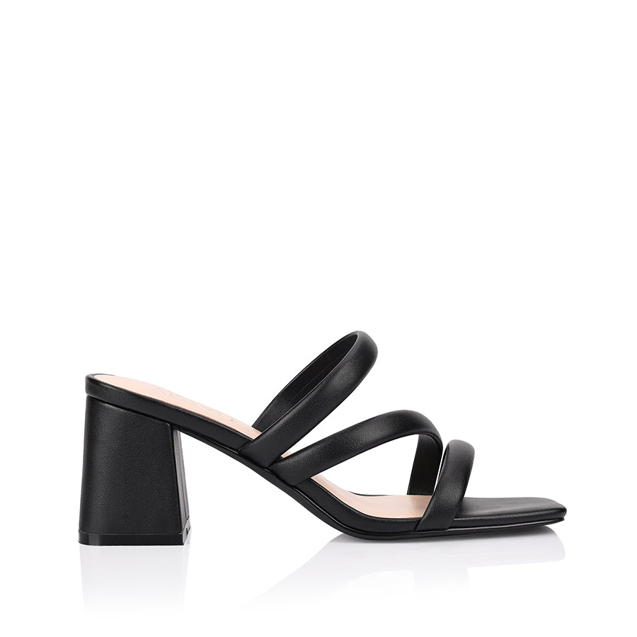Women's black block heel mule with tubular straps