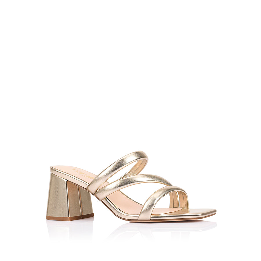 Women's metallic gold strappy block heel mule with square toe
