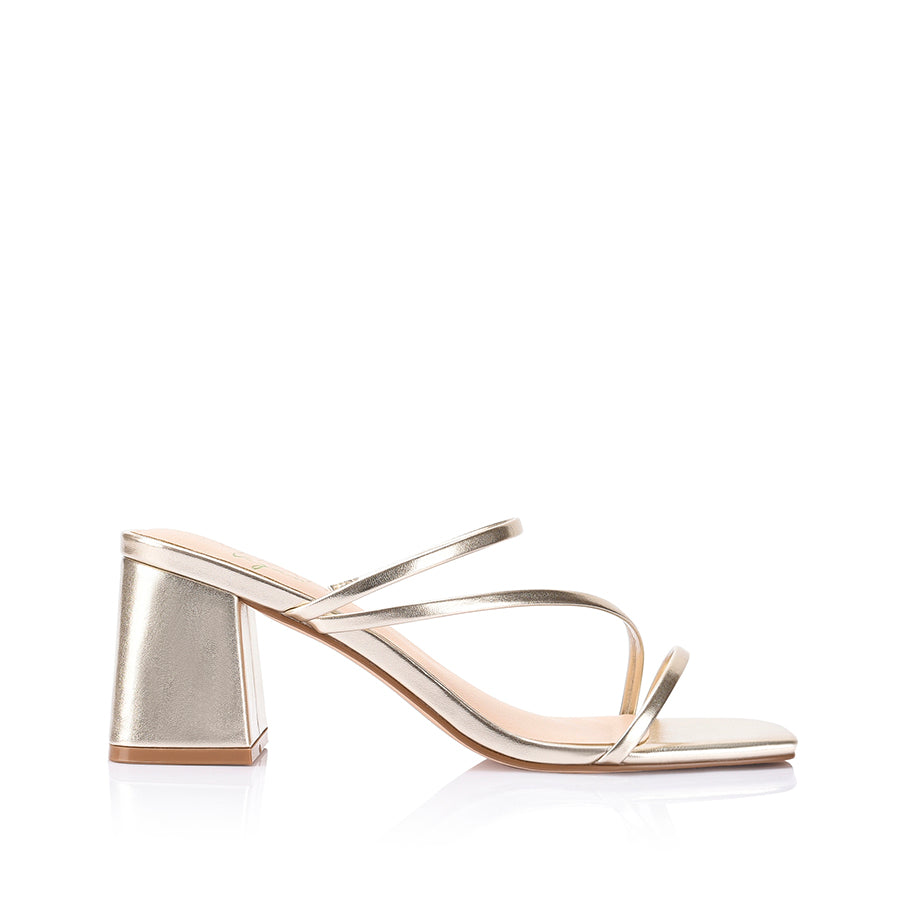 Women's vegan champagne gold metallic strappy block heel mule with square toe