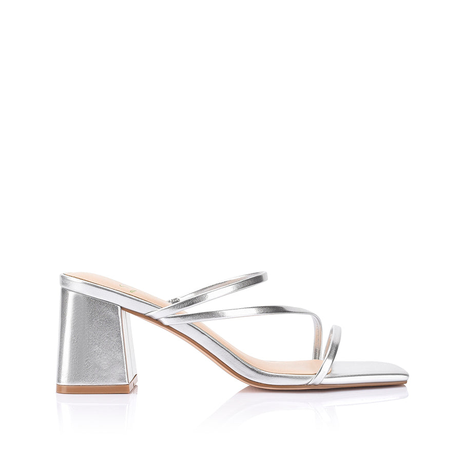 Women's vegan silver metallic strappy block heel mule with square toe