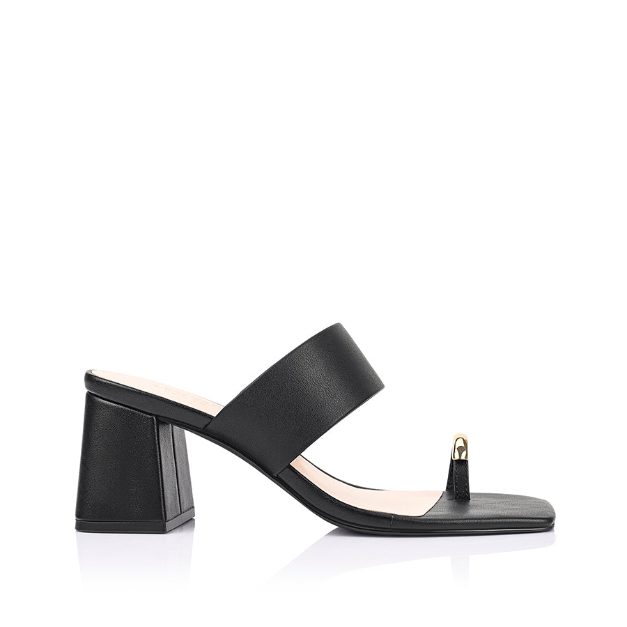 Women's black vegan block heel mule with wide strap upper and gold toe ring detail