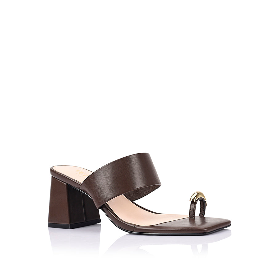 Women's chocolate brown block heel sandal with toe ring and square toe