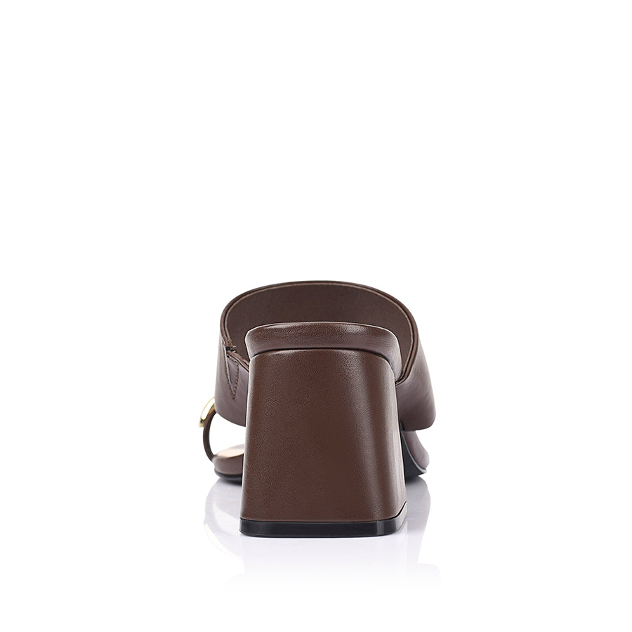 Women's chocolate brown block heel sandal with toe ring and square toe