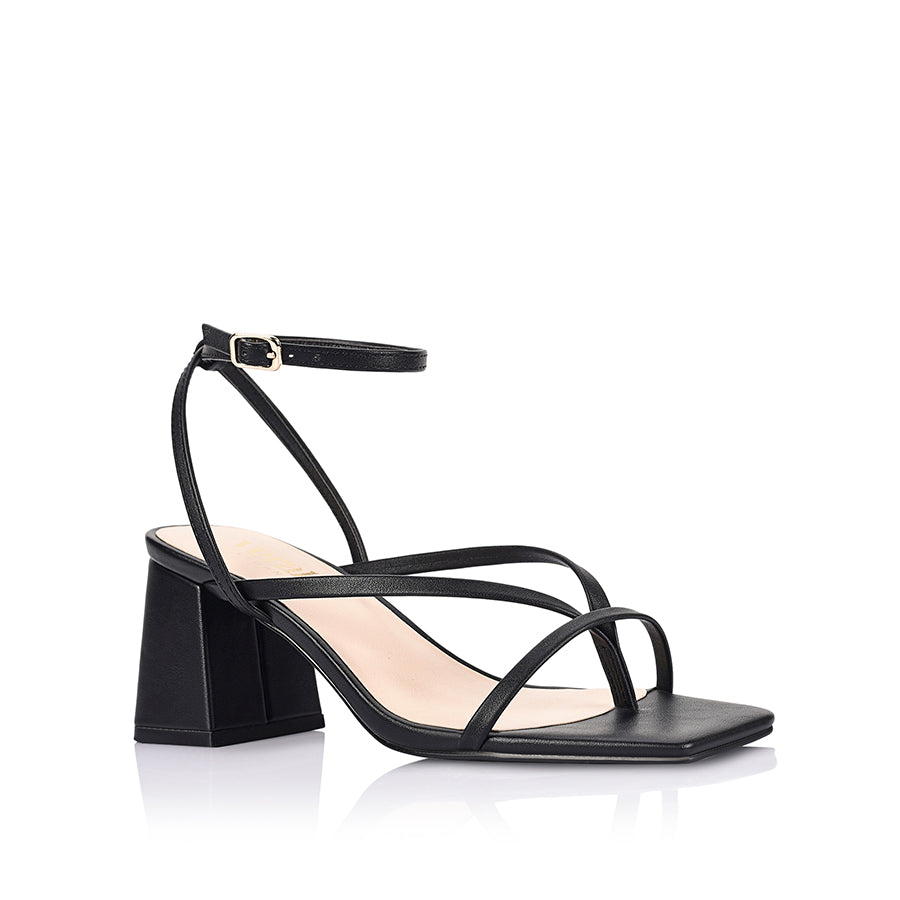 Black high-heeled sandal on a block heel with a square toe shape