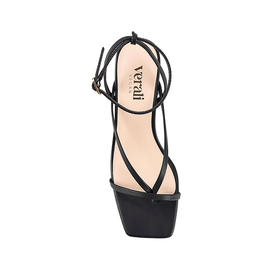 Black high-heeled sandal on a block heel with a square toe shape