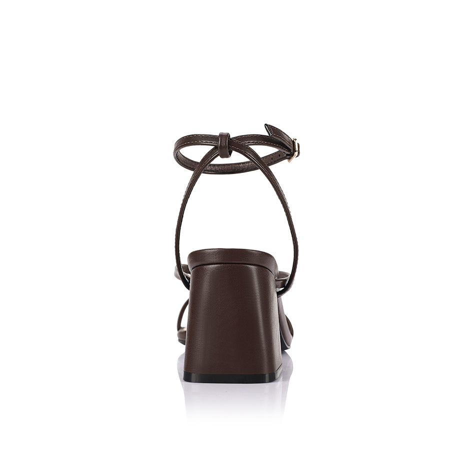 Brown high-heeled sandal on a block heel with a square toe shape