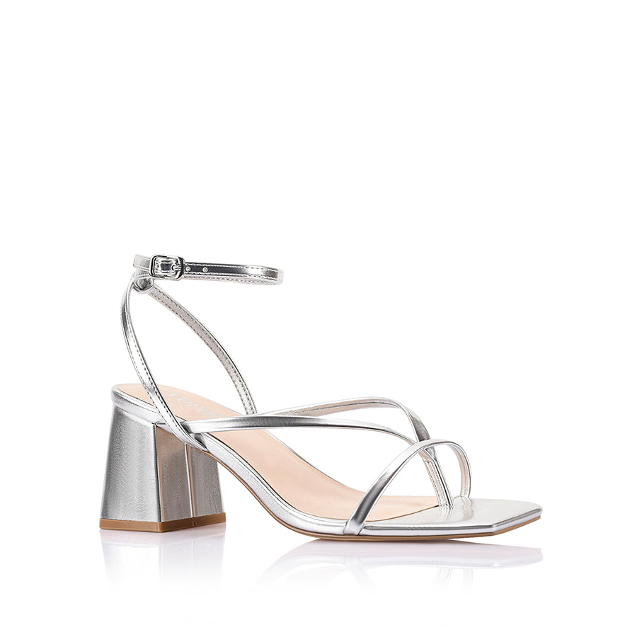 Silver high-heeled sandal on a block heel with a square toe shape