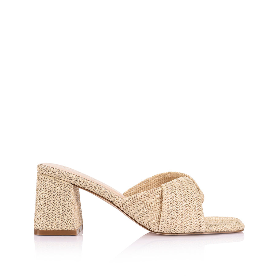 Women's natural raffia block heel mule with twist detailing