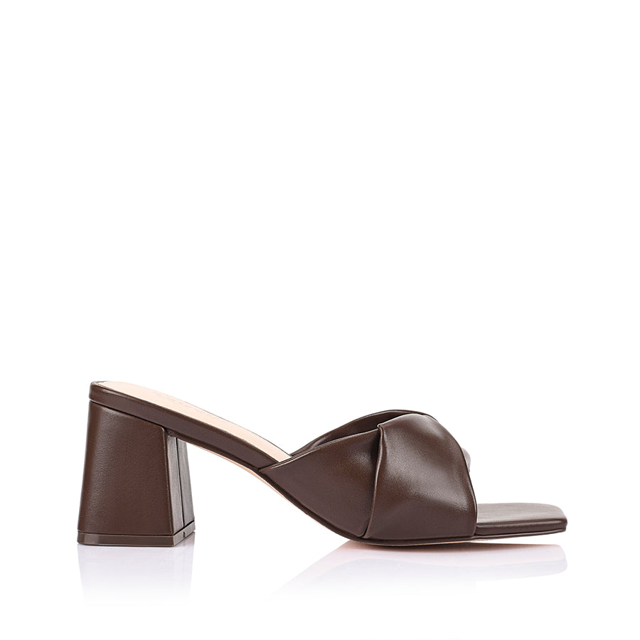Womens chocolate brown vegan block heeled mule with crossover straps