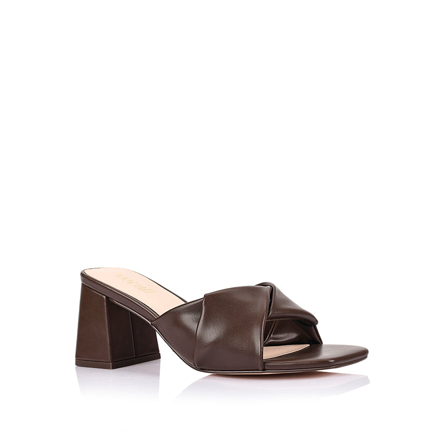 Womens chocolate brown vegan block heeled mule with crossover straps