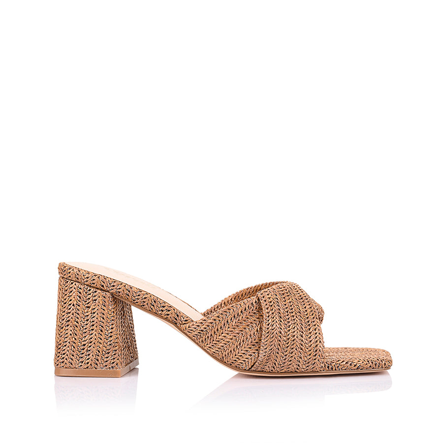Womens brown tan raffia block heeled mule with crossover straps