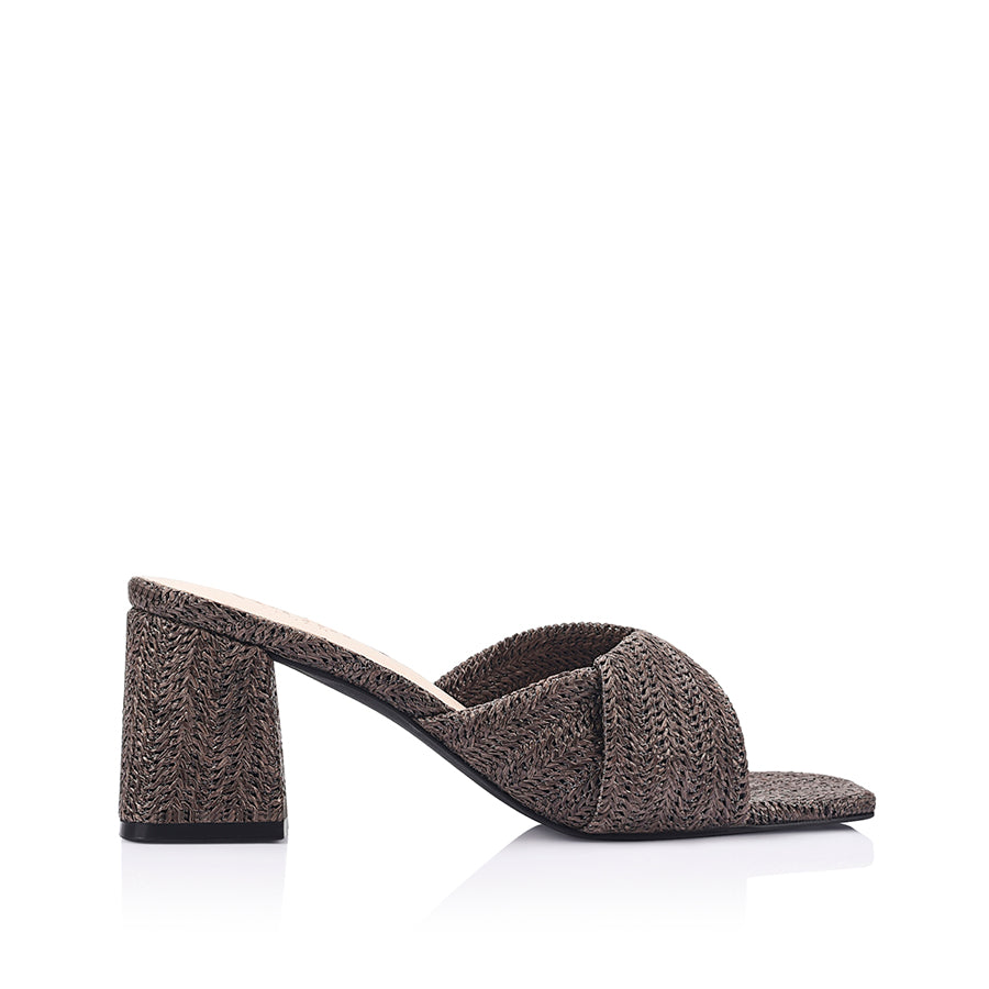 Stella Block Heel Mules - Chocolate Brown Raffia