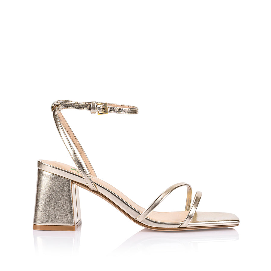 Women's champagne gold metallic vegan strappy block heel with adjustable ankle