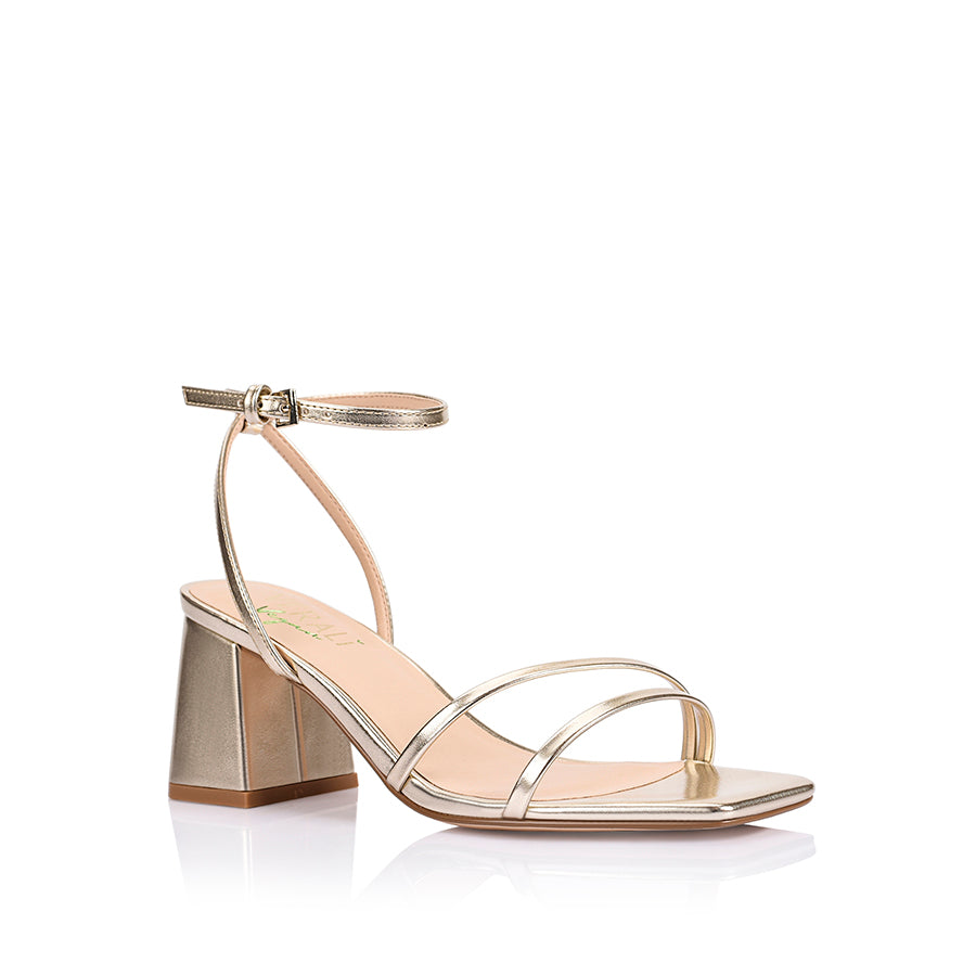 Women's champagne gold metallic vegan strappy block heel with adjustable ankle