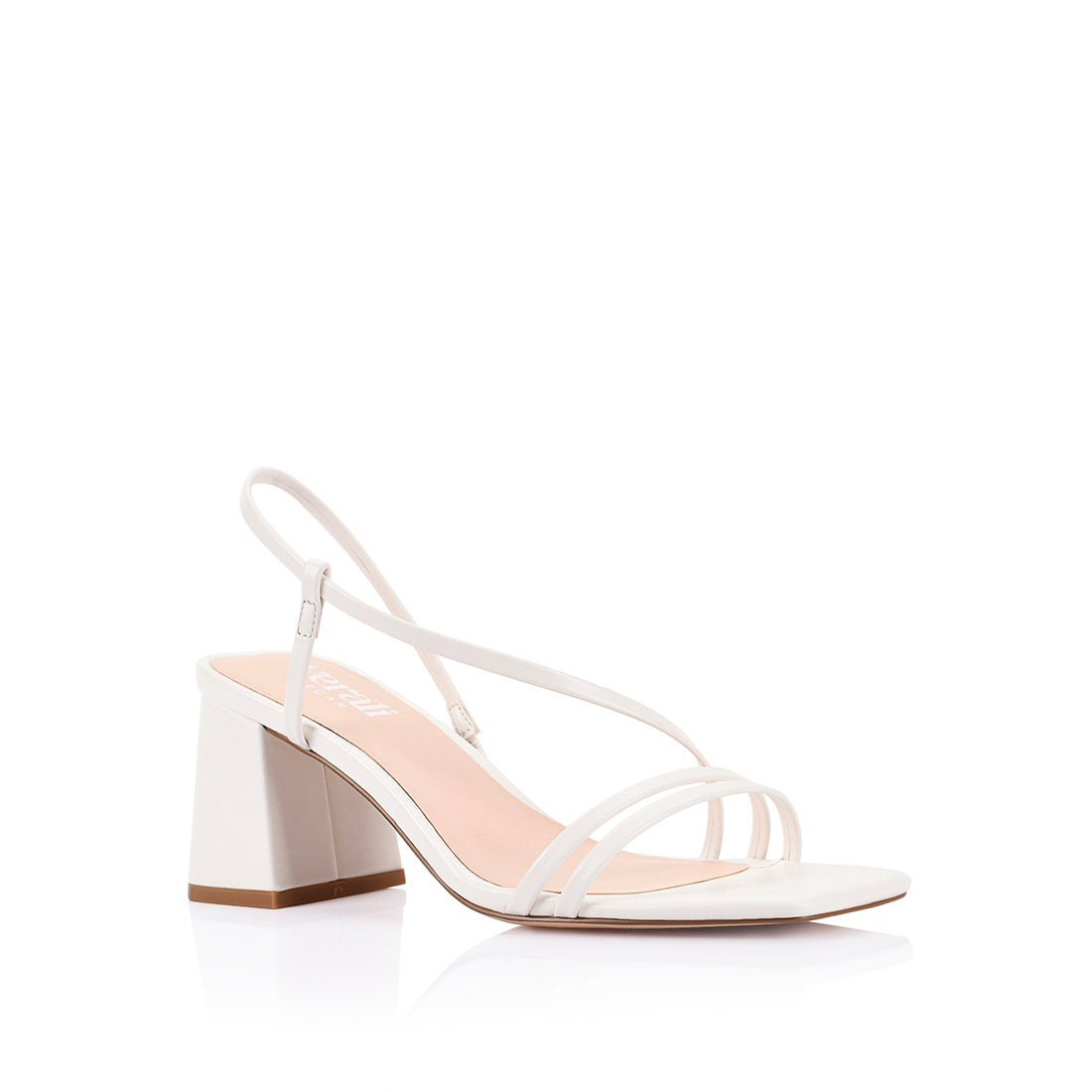 Women's block heel strappy sandal with elastic slingback, square toe, and dainty vamp straps in white vegan