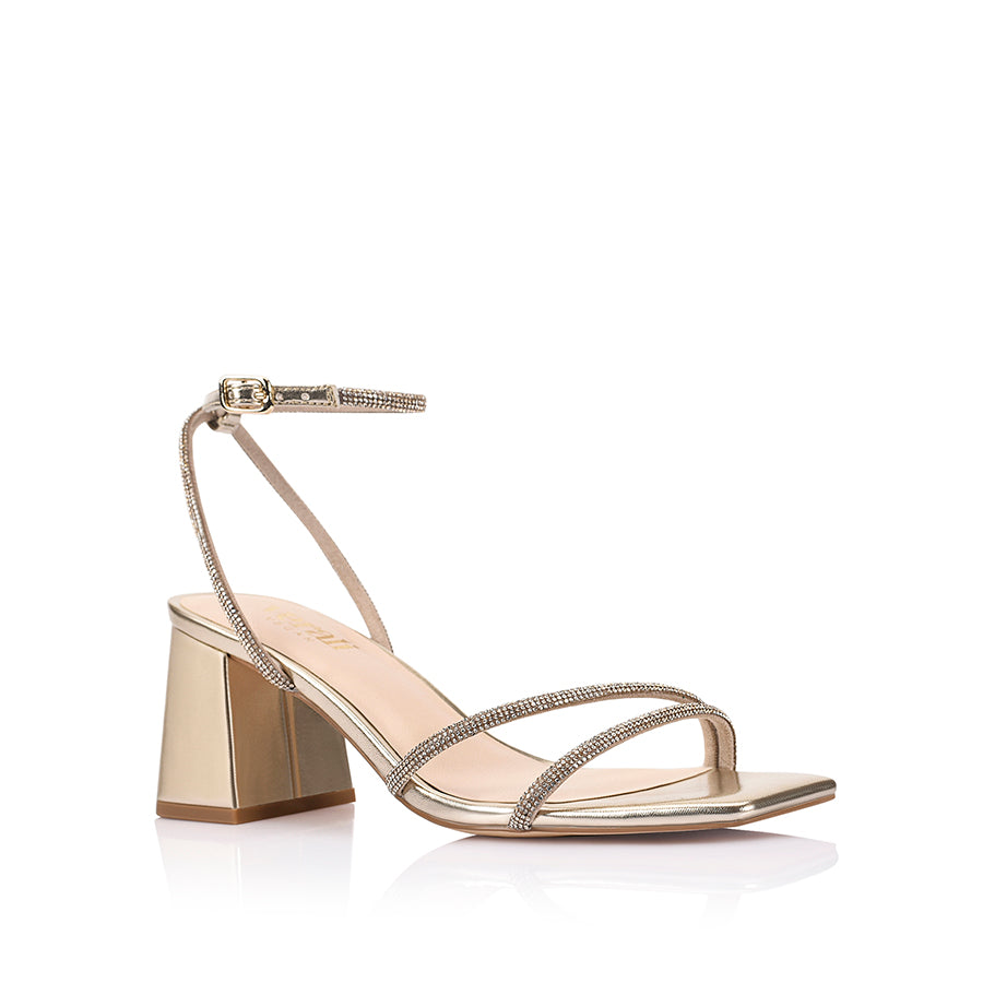 Women's vegan metallic gold block heel strappy sandal with diamontes