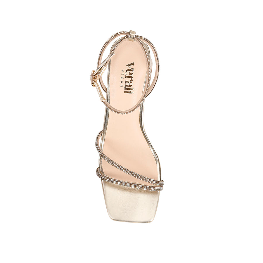 Women's vegan metallic gold block heel strappy sandal with diamontes