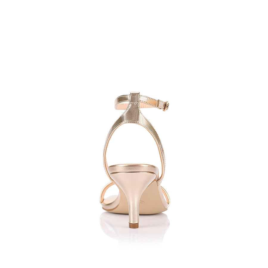 Women's metallic gold strappy low heel with ankle strap, square toe and gold buckle