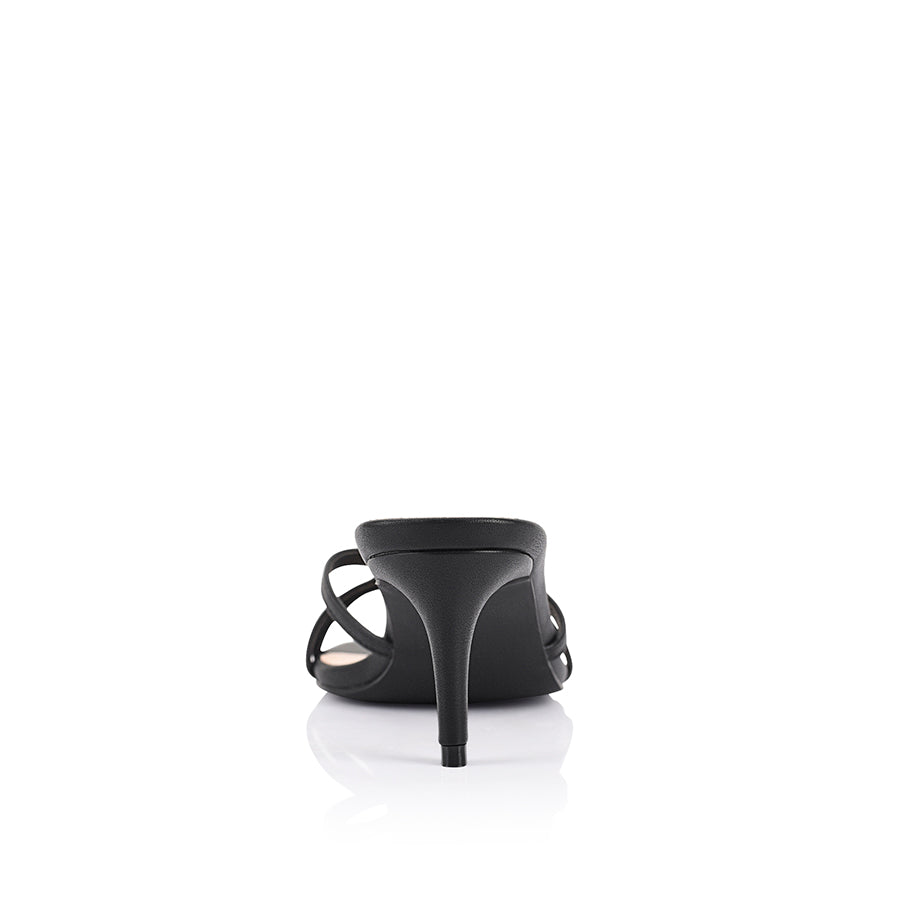 Women's black vegan low stiletto heel with crossover straps and square toe