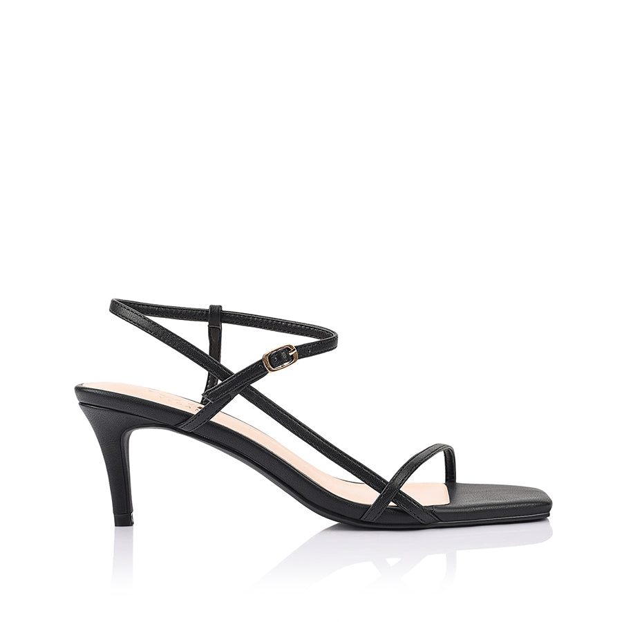 Women's black strappy stiletto sandal with buckle fastening and square toe in vegan upper