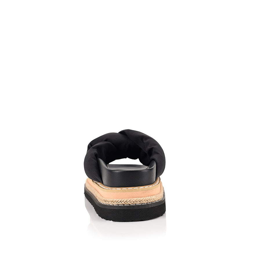 Women's black puffy platform sandals with contract sole and rope detailing