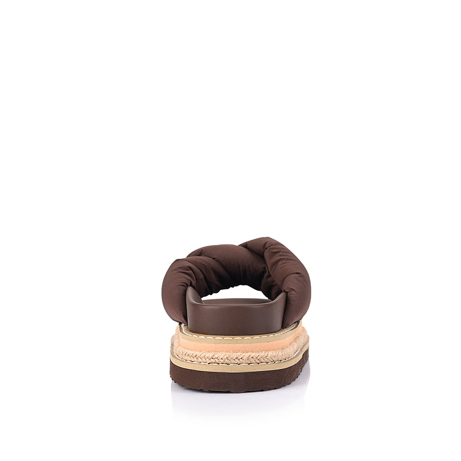 Women's chunky platform footbed slides in chocolate brown fabric