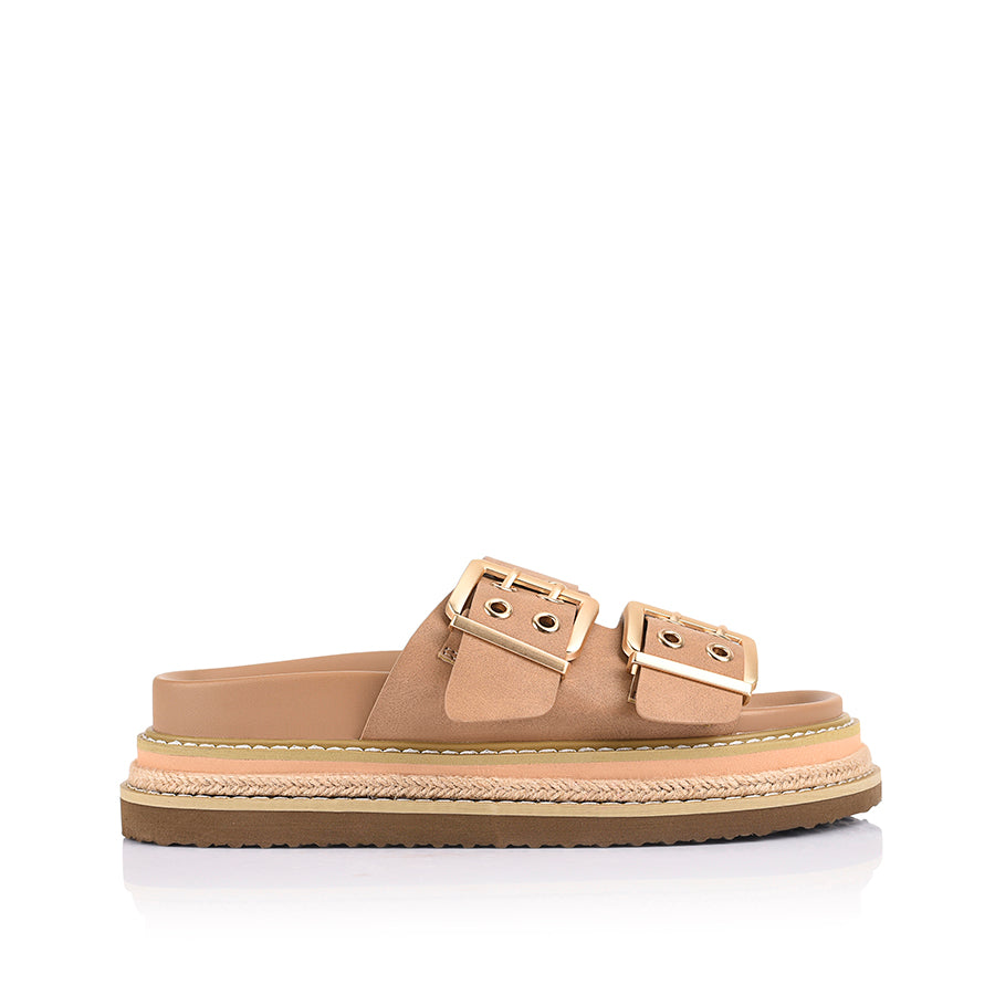 Women's beige tan platform footbed slides with espadrille inspired sole and double buckle detailing
