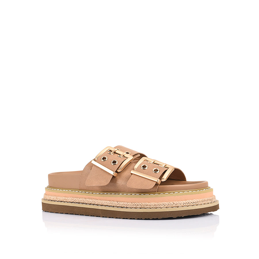 Women's beige tan platform footbed slides with espadrille inspired sole and double buckle detailing