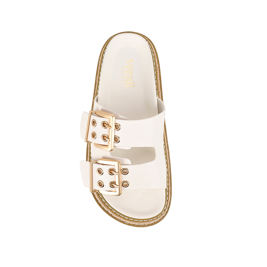 Women's chalk white vegan upper platform footbed slide with espadrille inspired sole and double buckle detailing