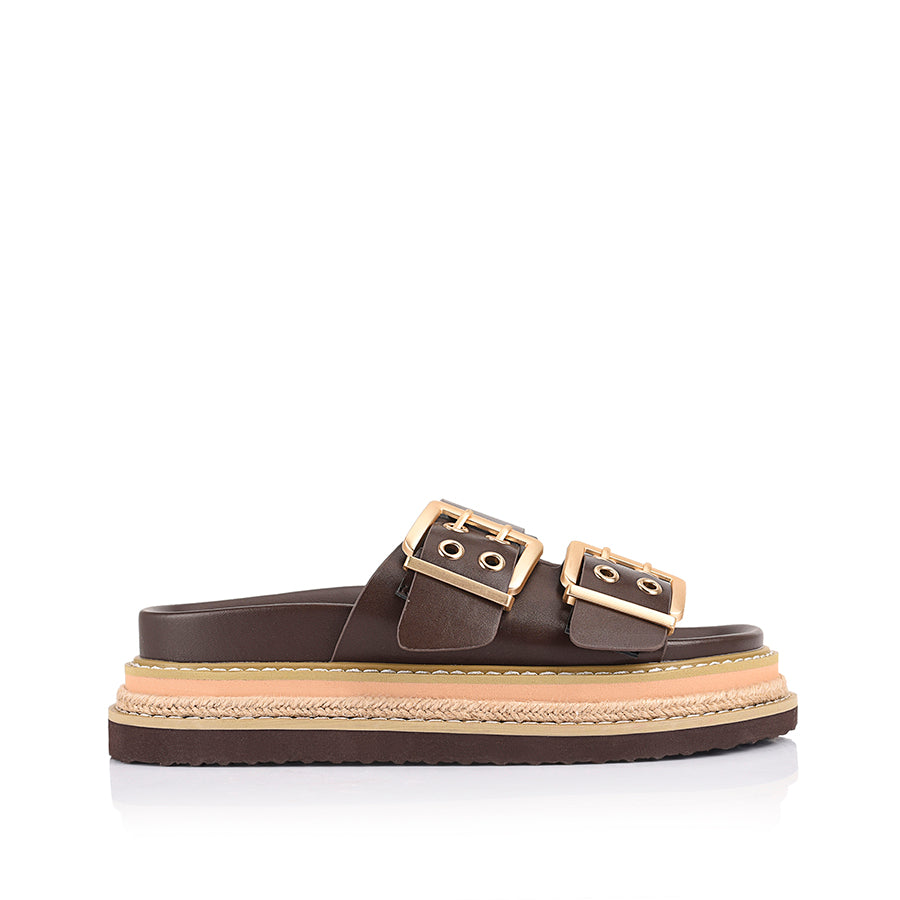 Women's chocolate brown vegan upper platform footbed slide with espadrille inspired sole and double buckle detailing