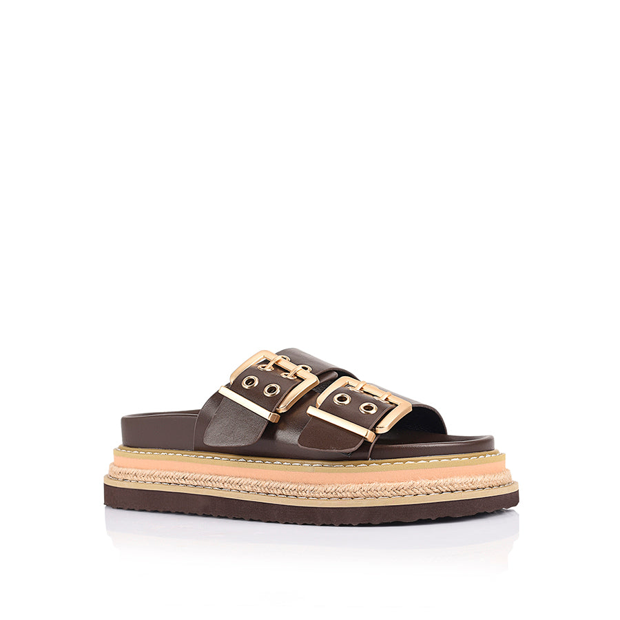 Women's chocolate brown vegan upper platform footbed slide with espadrille inspired sole and double buckle detailing