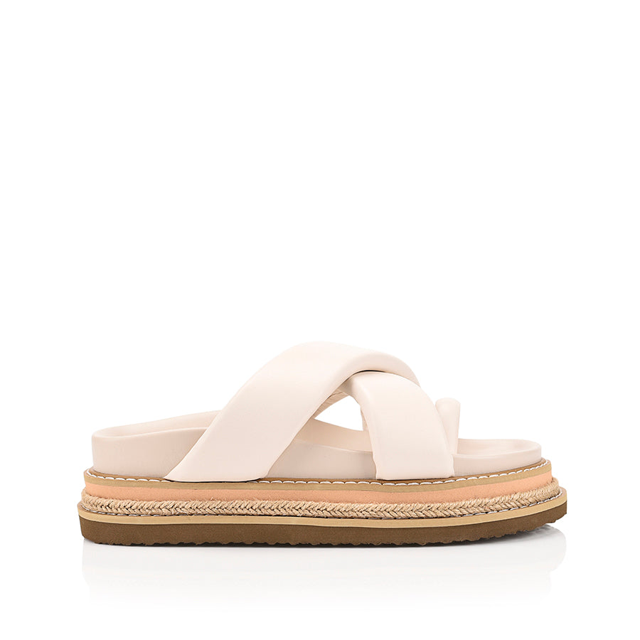 Women's white puffy platform slides with toe ring and contrast sole