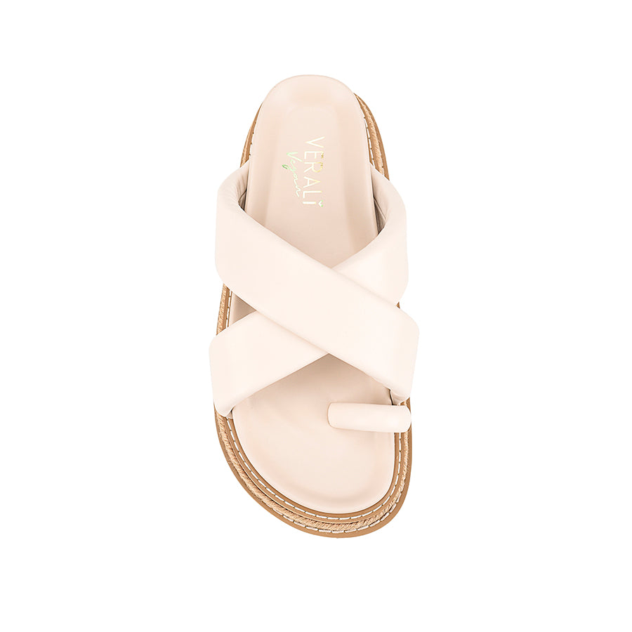 Women's white puffy platform slides with toe ring and contrast sole