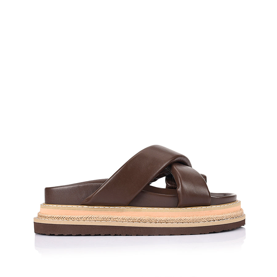 Women's platform sandal with crossover straps and toe ring in chocolate brown