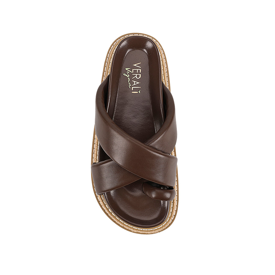 Women's platform sandal with crossover straps and toe ring in chocolate brown