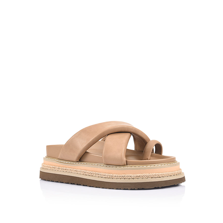 Women's platform sandal with crossover straps and toe ring in biscuit