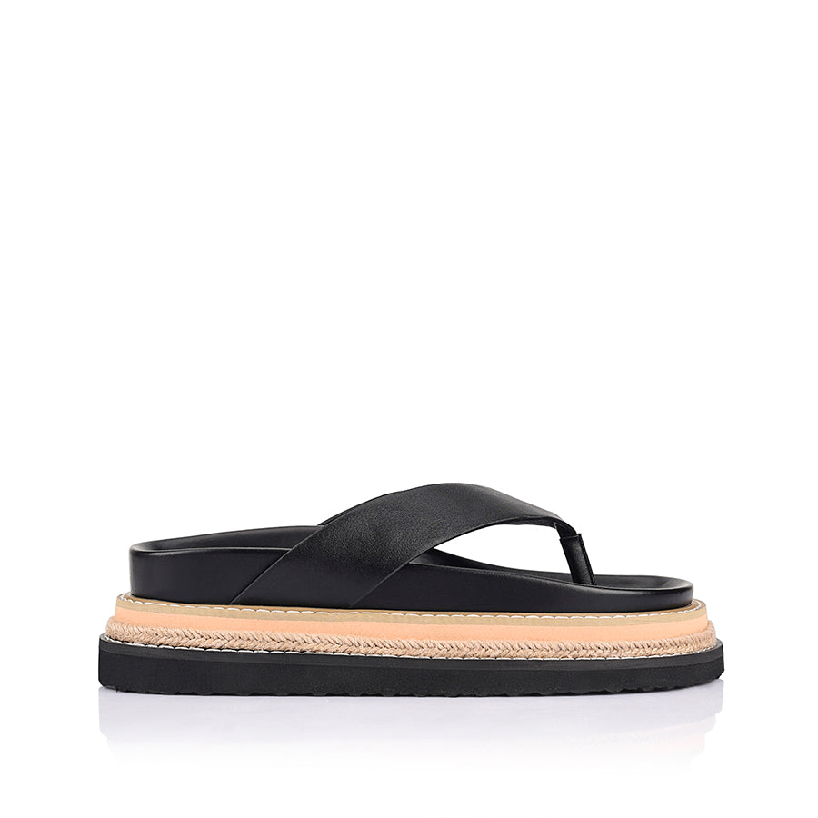 Women's black vegan footbed platform thong with contrast rope sole