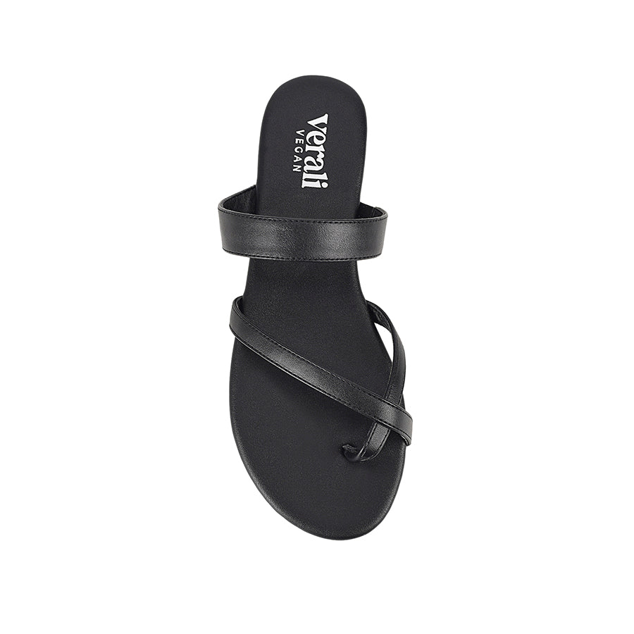 Women's black flat sandal with crossover straps and toe ring