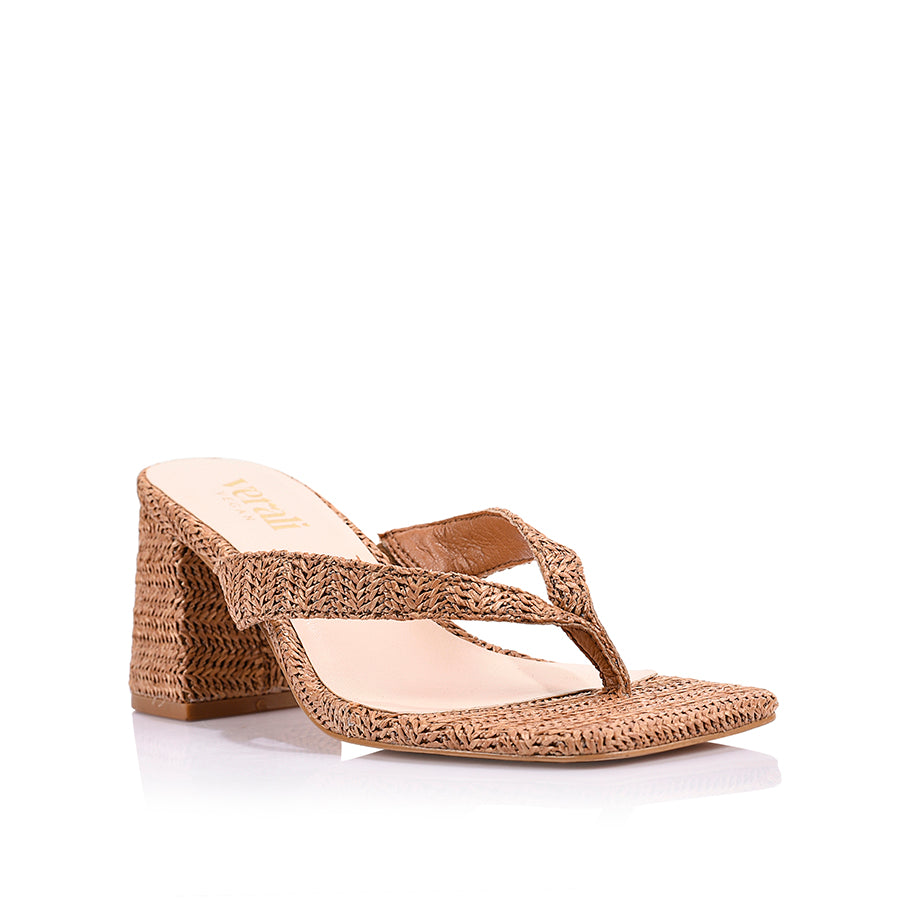 Stoked Block Heel Thongs - Tan Raffia