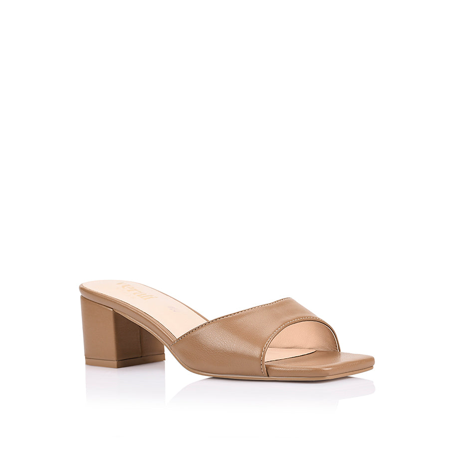 Camel block heel mule with a square toe shape