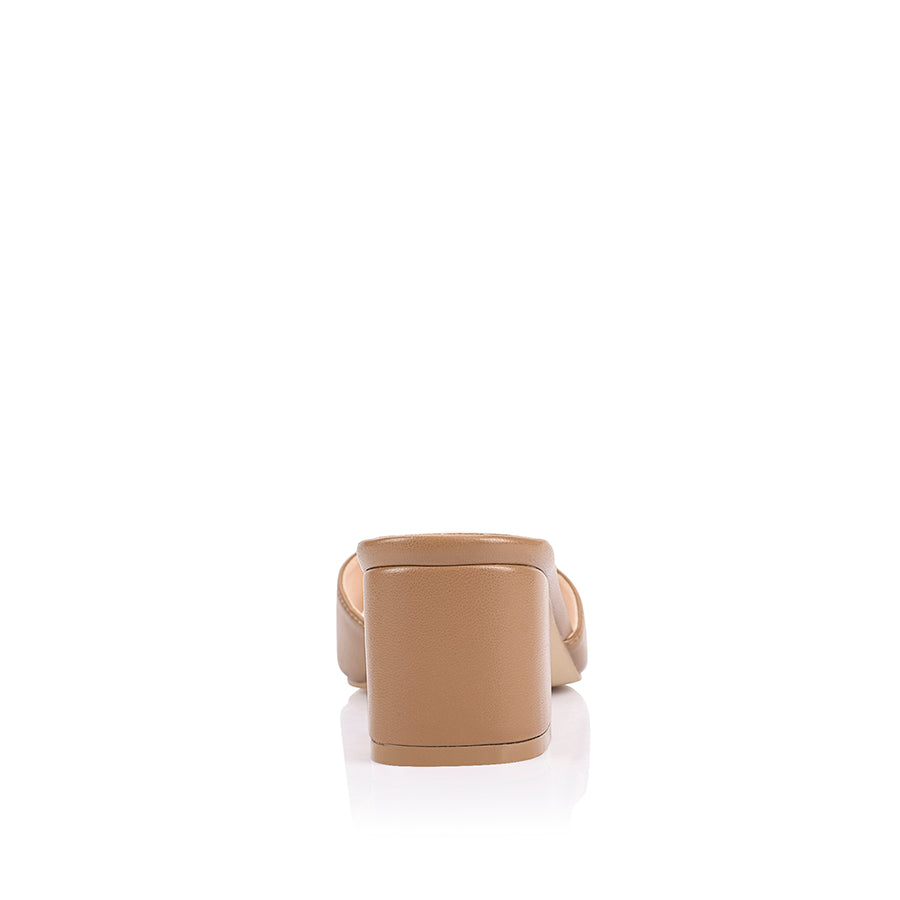 Camel block heel mule with a square toe shape