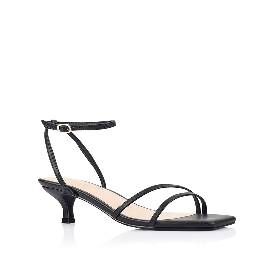 Black square toe sandal with a kitten heel and an adjustable strap
