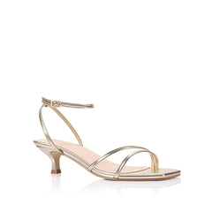 Gold square toe sandal with a kitten heel and an adjustable strap