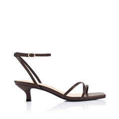 Brown square toe sandal with a kitten heel and an adjustable strap