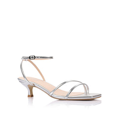 Silver square toe sandal with a kitten heel and an adjustable strap