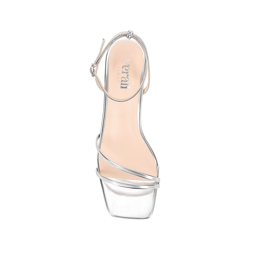 Silver square toe sandal with a kitten heel and an adjustable strap