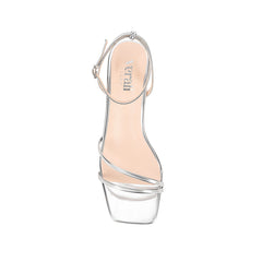 Silver square toe sandal with a kitten heel and an adjustable strap