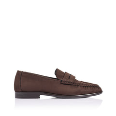 Brown microfibre loafer with ruched toe vamp
