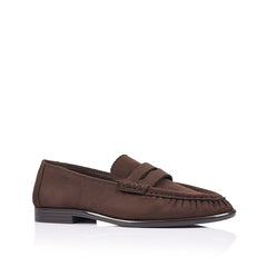 Brown microfibre loafer with ruched toe vamp