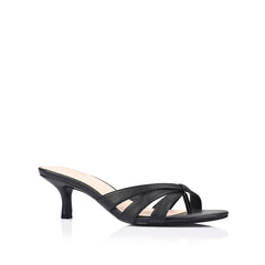 Black sandal mule with criss cross vamp on a kitten heel with a rounded toe shape